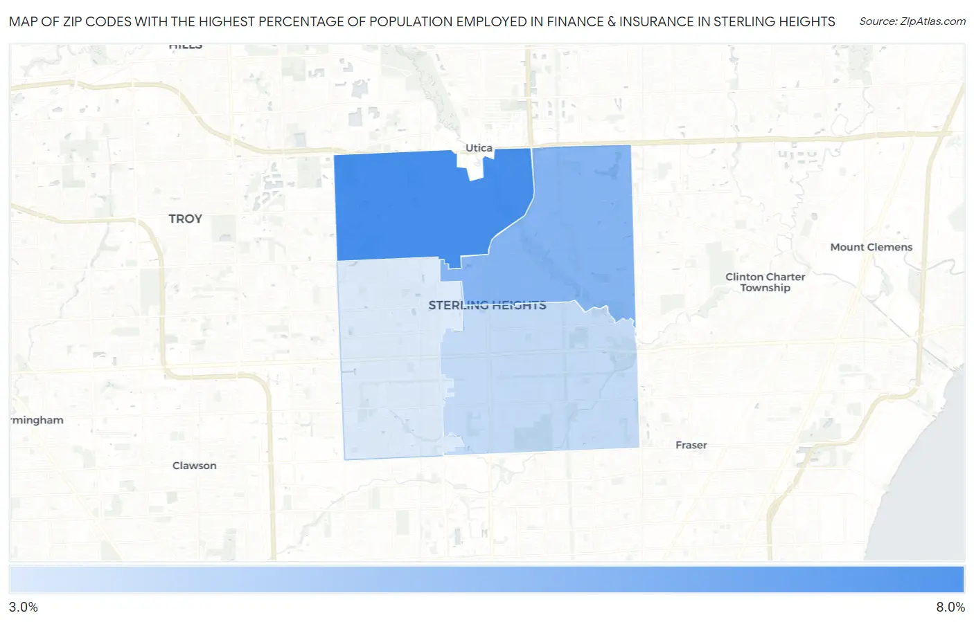 Zip Codes with the Highest Percentage of Population Employed in Finance & Insurance in Sterling Heights Map