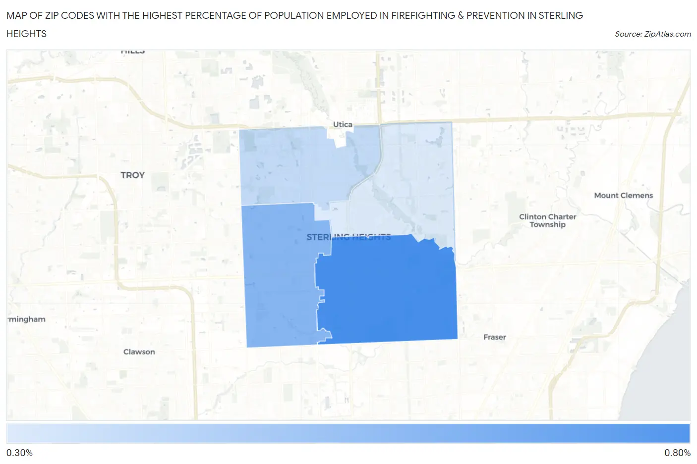 Zip Codes with the Highest Percentage of Population Employed in Firefighting & Prevention in Sterling Heights Map