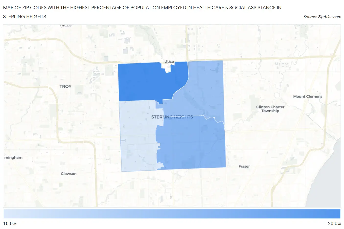 Zip Codes with the Highest Percentage of Population Employed in Health Care & Social Assistance in Sterling Heights Map
