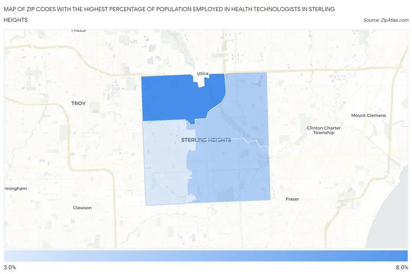 Zip Codes with the Highest Percentage of Population Employed in Health Technologists in Sterling Heights Map