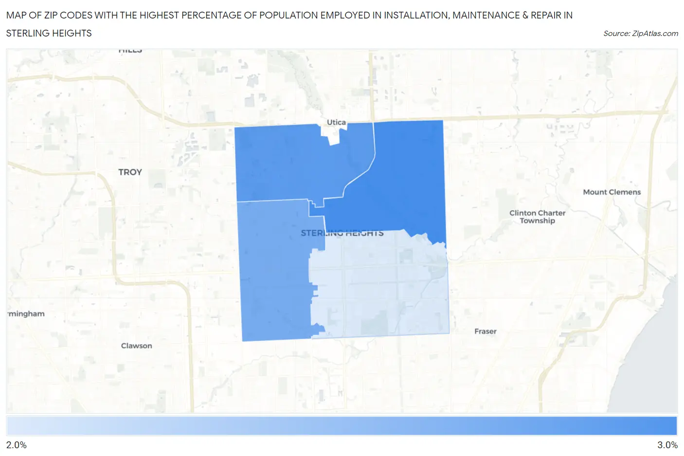 Zip Codes with the Highest Percentage of Population Employed in Installation, Maintenance & Repair in Sterling Heights Map