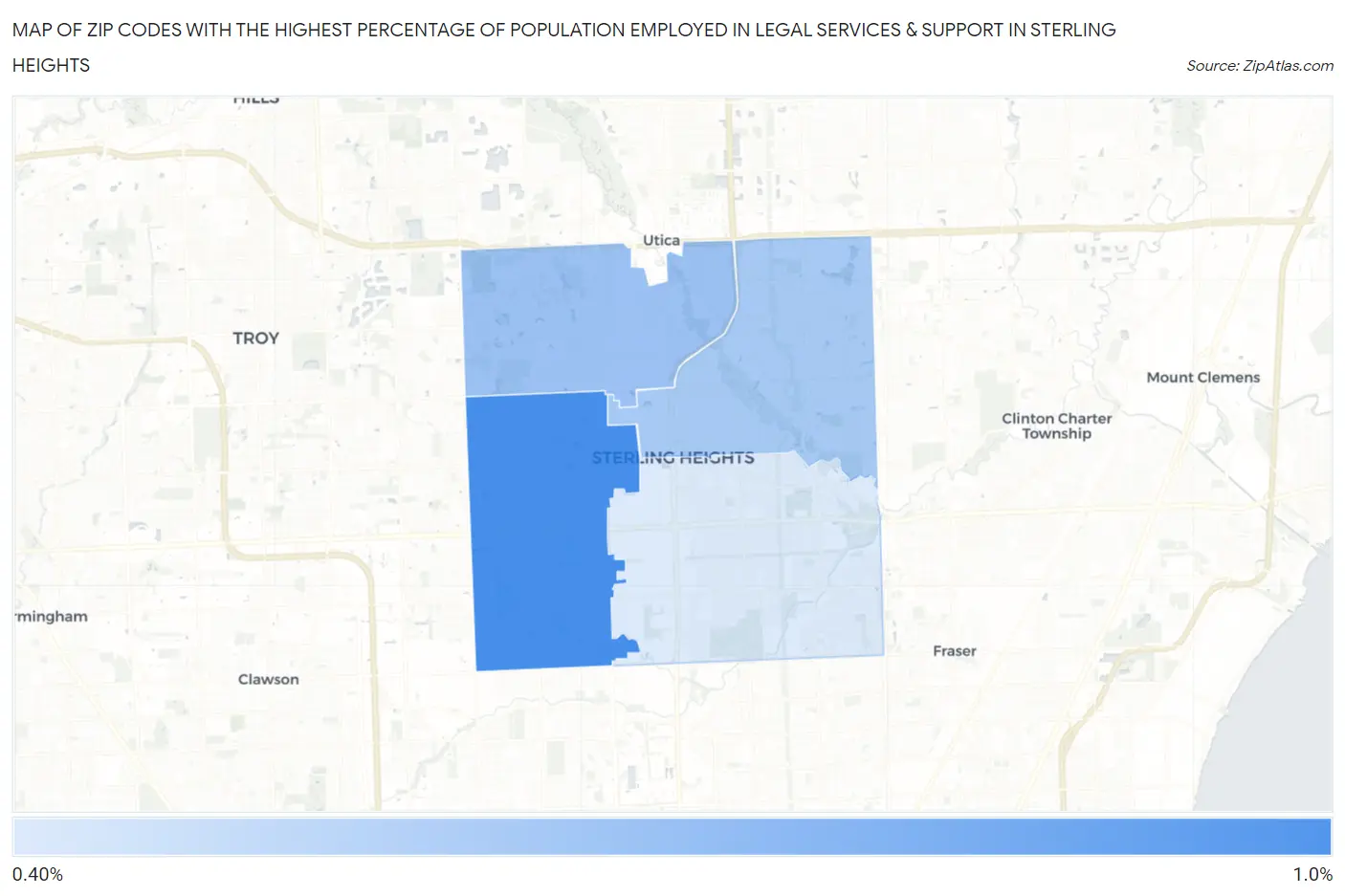 Zip Codes with the Highest Percentage of Population Employed in Legal Services & Support in Sterling Heights Map