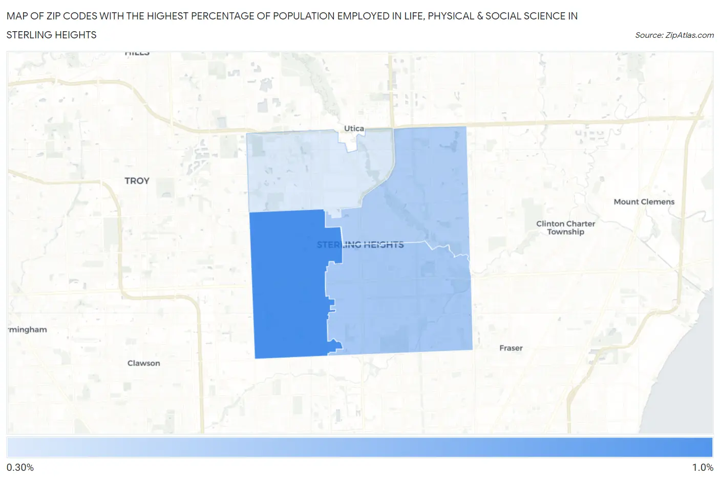 Zip Codes with the Highest Percentage of Population Employed in Life, Physical & Social Science in Sterling Heights Map