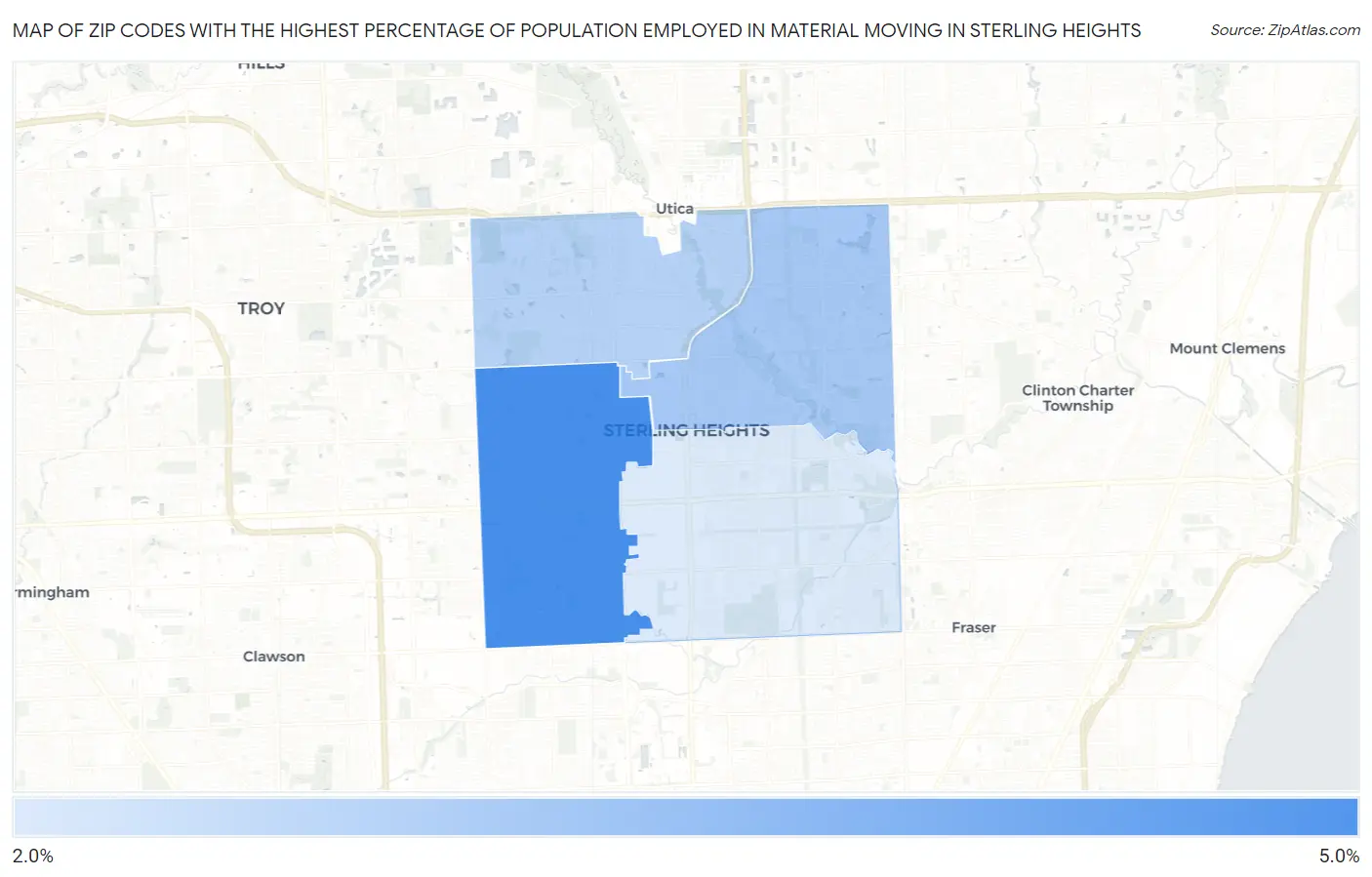 Zip Codes with the Highest Percentage of Population Employed in Material Moving in Sterling Heights Map