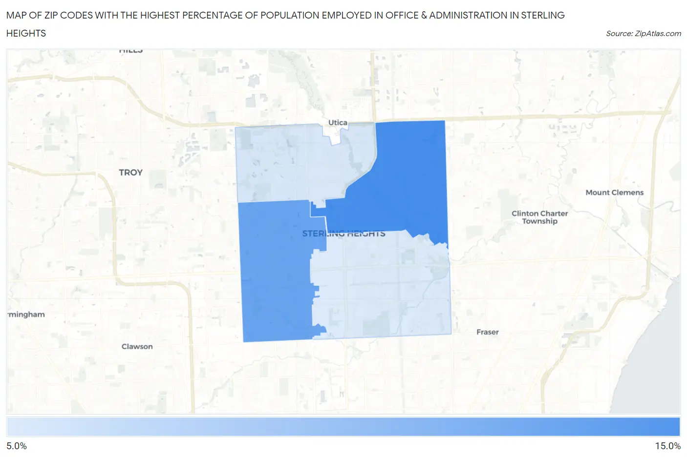 Zip Codes with the Highest Percentage of Population Employed in Office & Administration in Sterling Heights Map