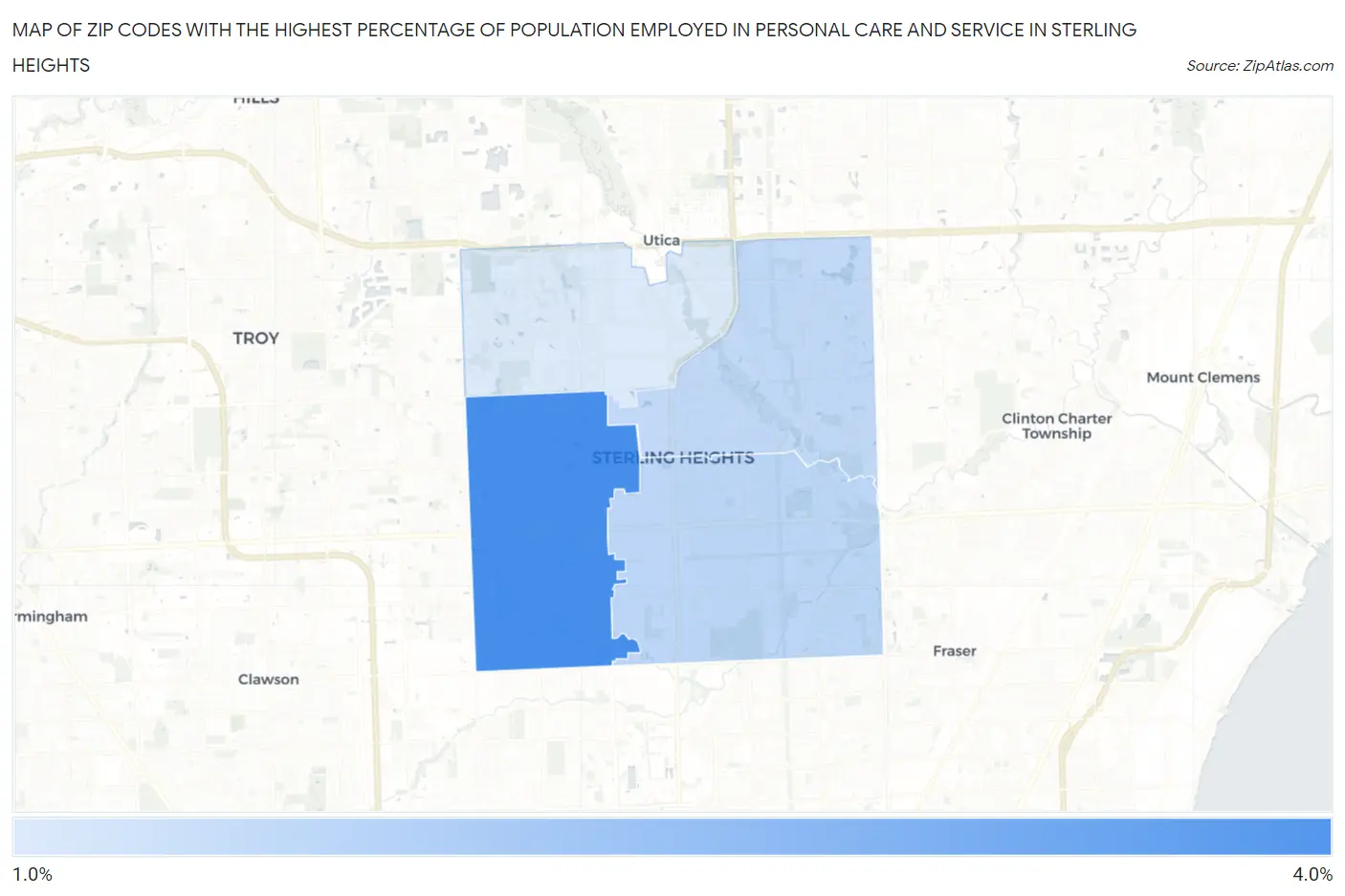 Zip Codes with the Highest Percentage of Population Employed in Personal Care and Service in Sterling Heights Map