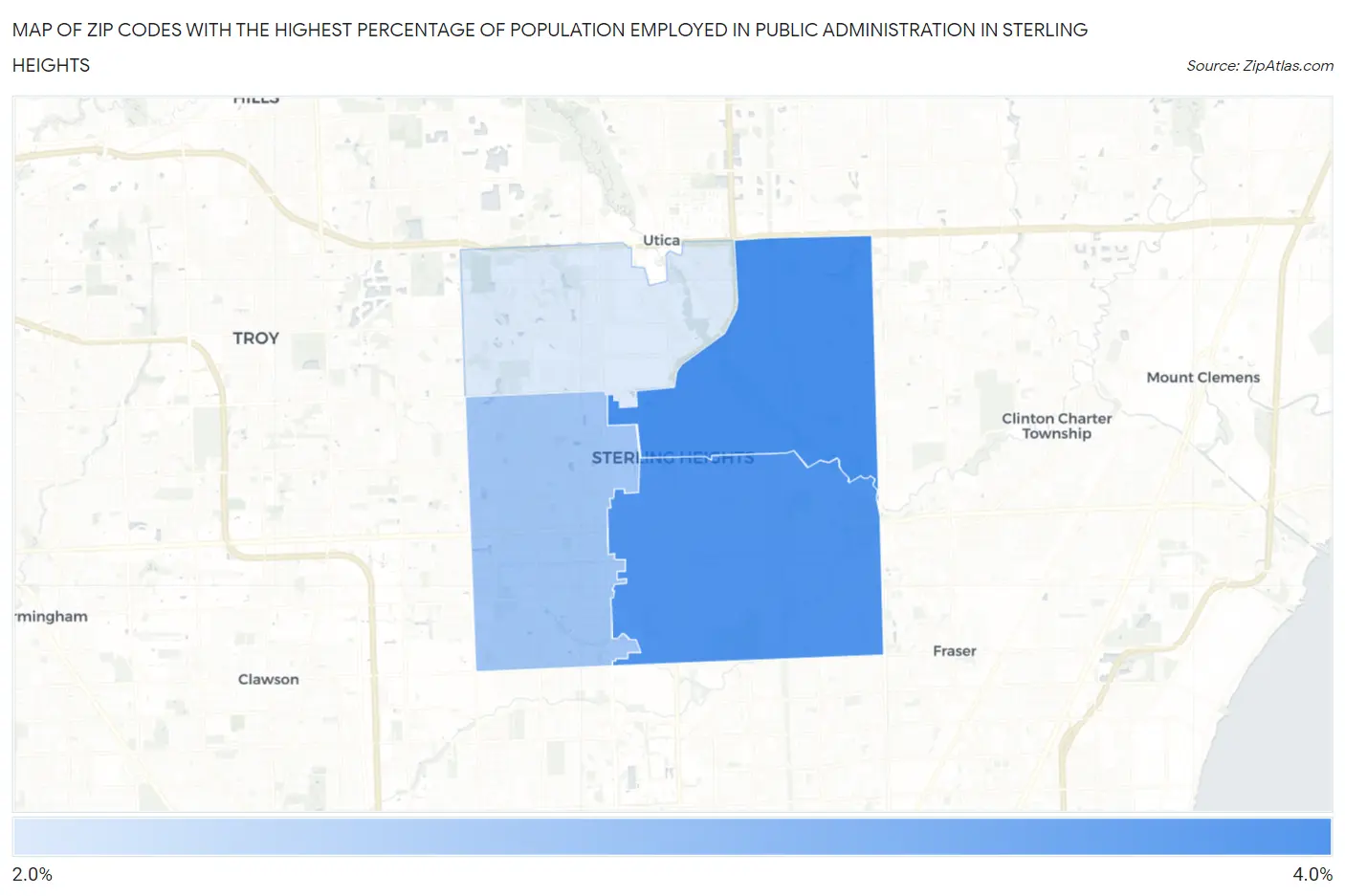 Zip Codes with the Highest Percentage of Population Employed in Public Administration in Sterling Heights Map