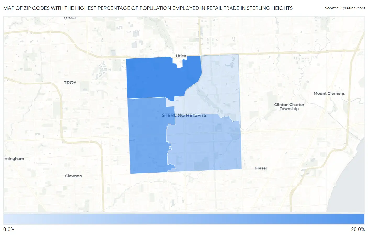 Zip Codes with the Highest Percentage of Population Employed in Retail Trade in Sterling Heights Map