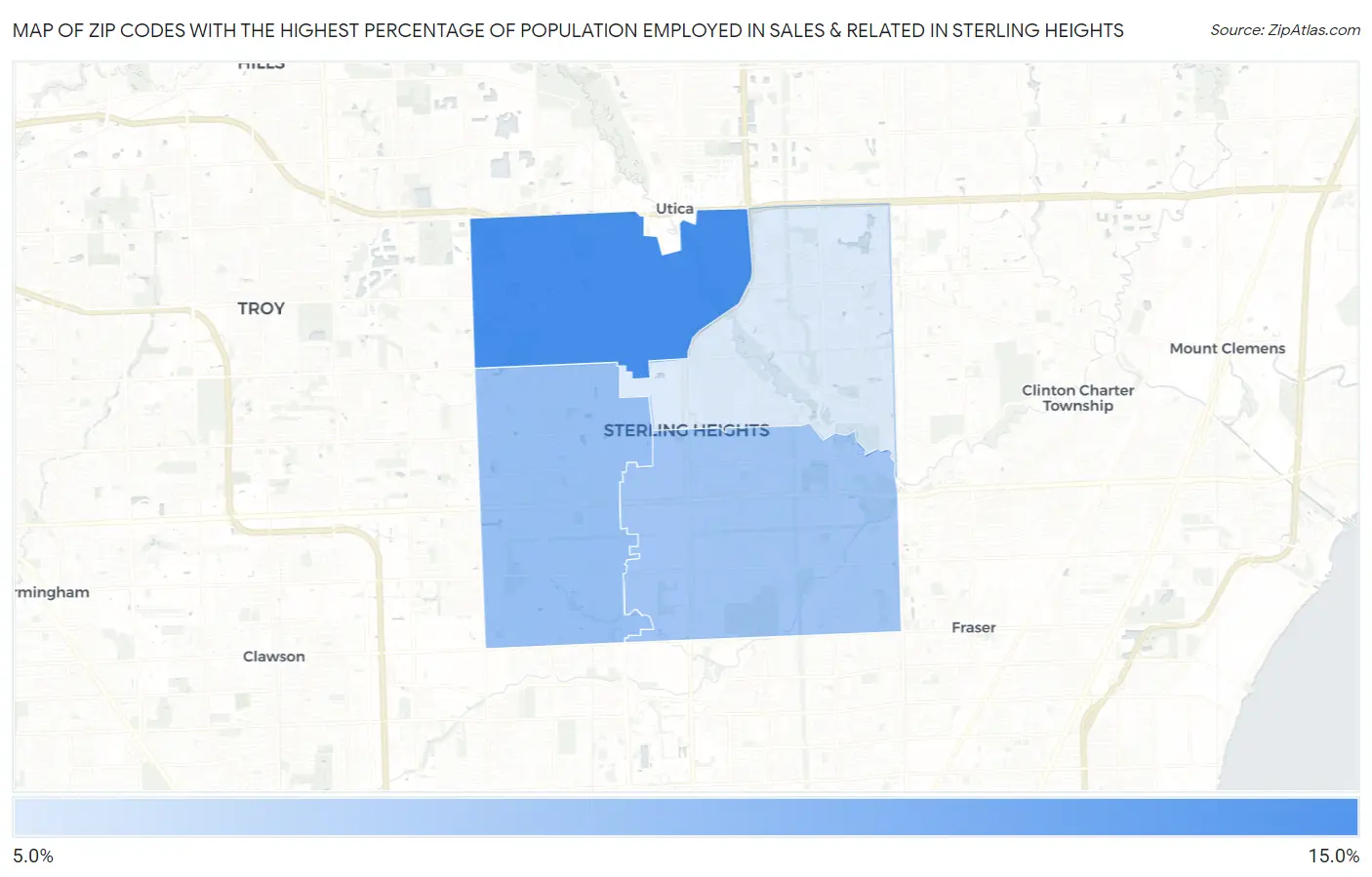 Zip Codes with the Highest Percentage of Population Employed in Sales & Related in Sterling Heights Map