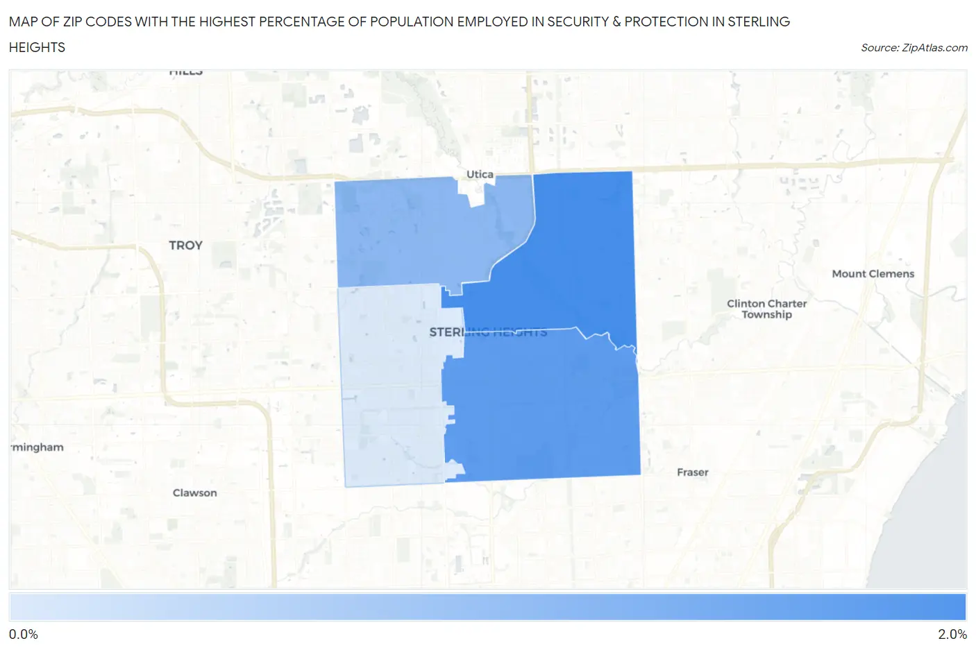 Zip Codes with the Highest Percentage of Population Employed in Security & Protection in Sterling Heights Map