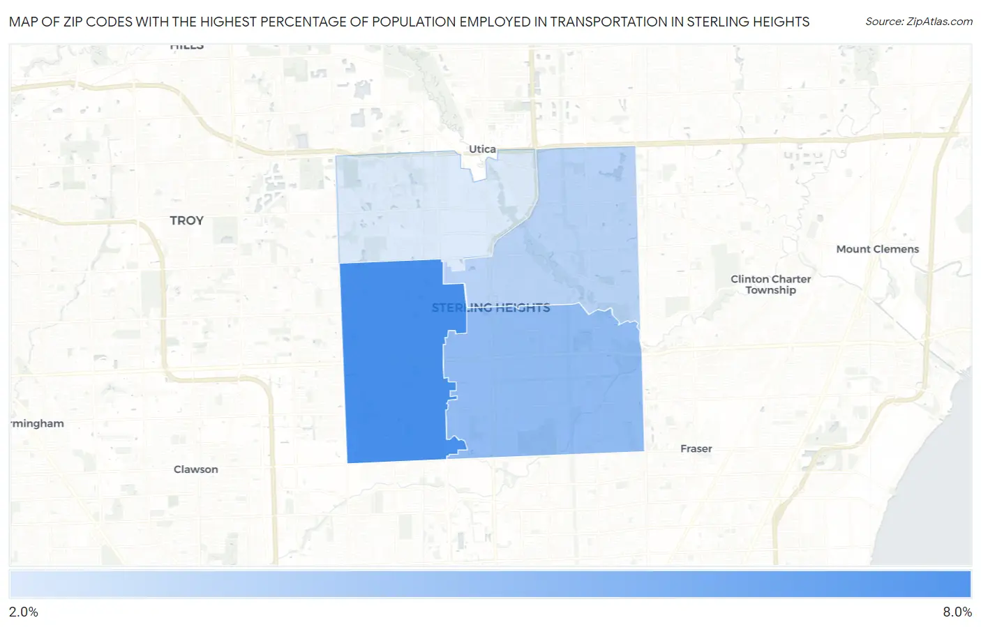 Zip Codes with the Highest Percentage of Population Employed in Transportation in Sterling Heights Map