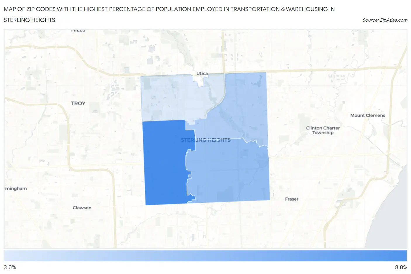 Zip Codes with the Highest Percentage of Population Employed in Transportation & Warehousing in Sterling Heights Map