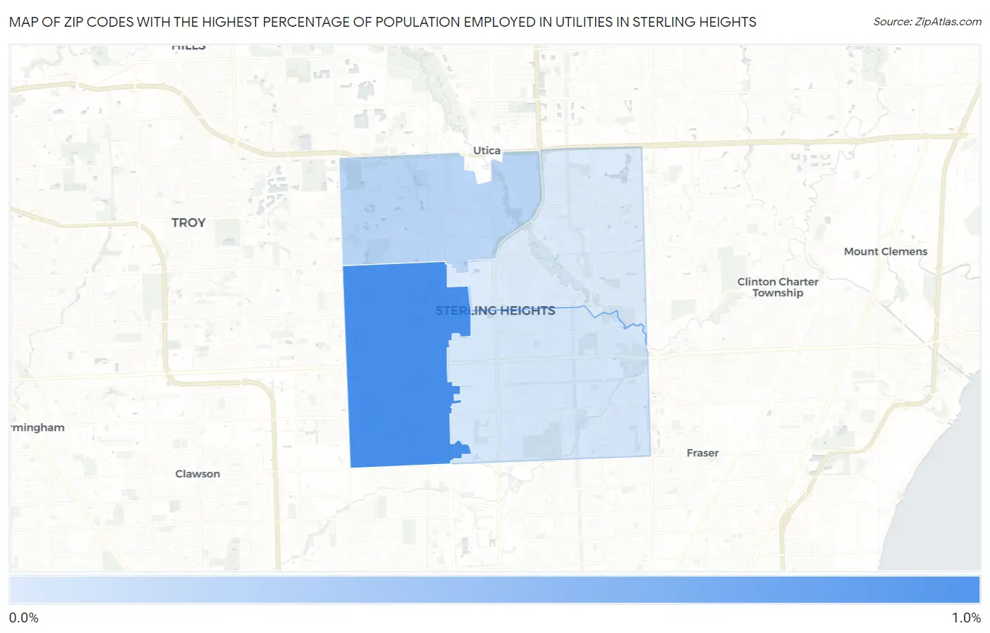 Zip Codes with the Highest Percentage of Population Employed in Utilities in Sterling Heights Map