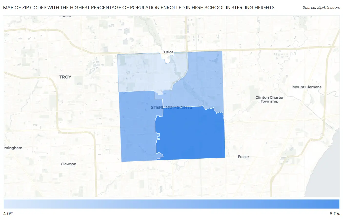 Zip Codes with the Highest Percentage of Population Enrolled in High School in Sterling Heights Map