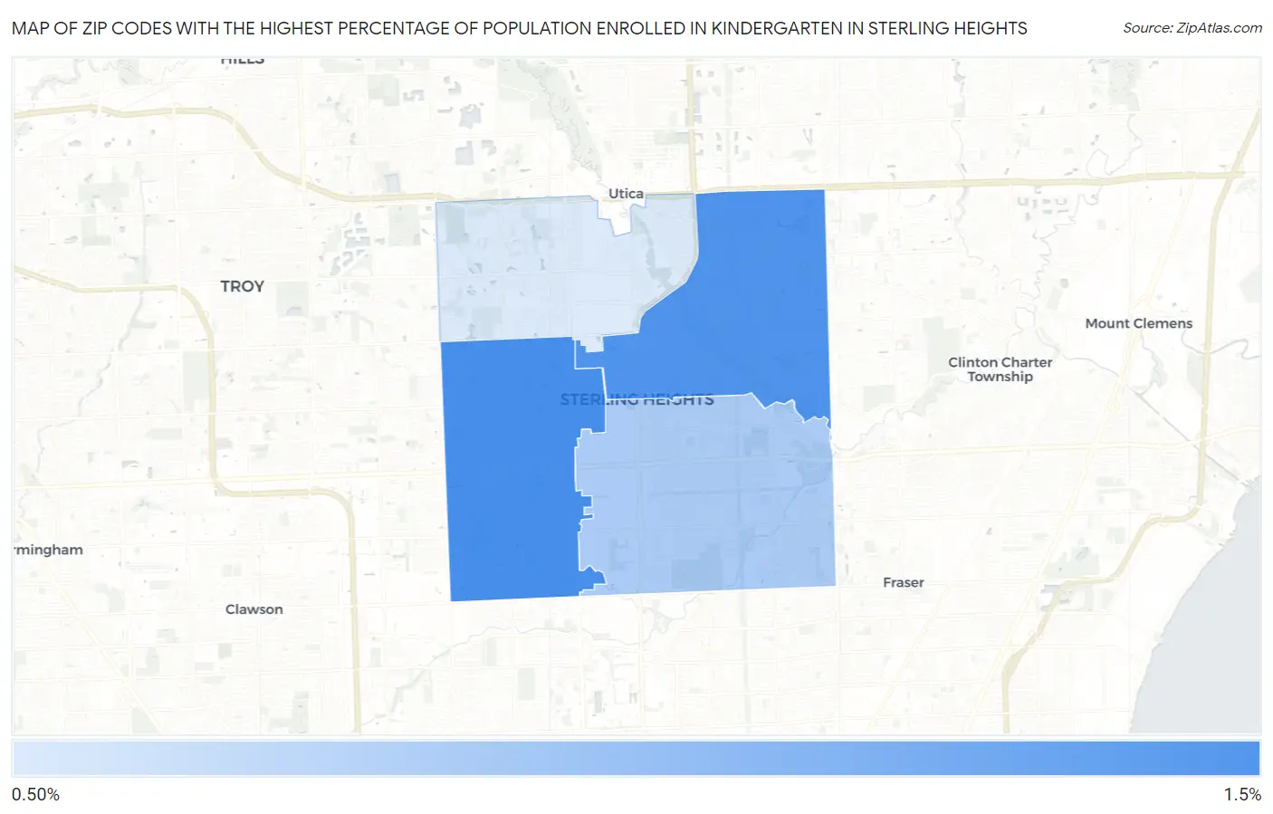 Zip Codes with the Highest Percentage of Population Enrolled in Kindergarten in Sterling Heights Map
