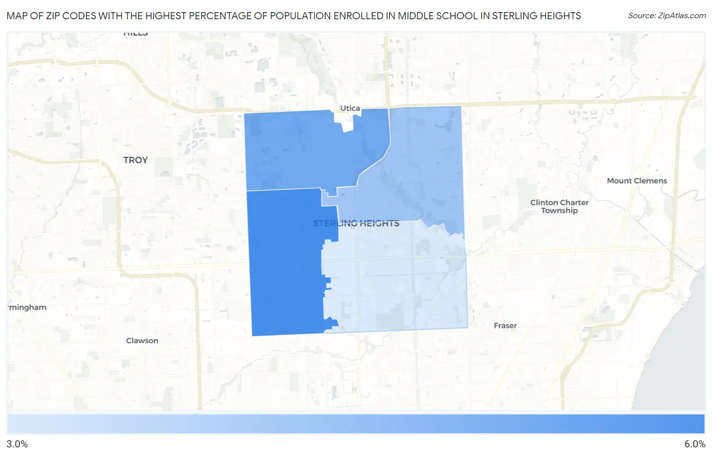 Zip Codes with the Highest Percentage of Population Enrolled in Middle School in Sterling Heights Map