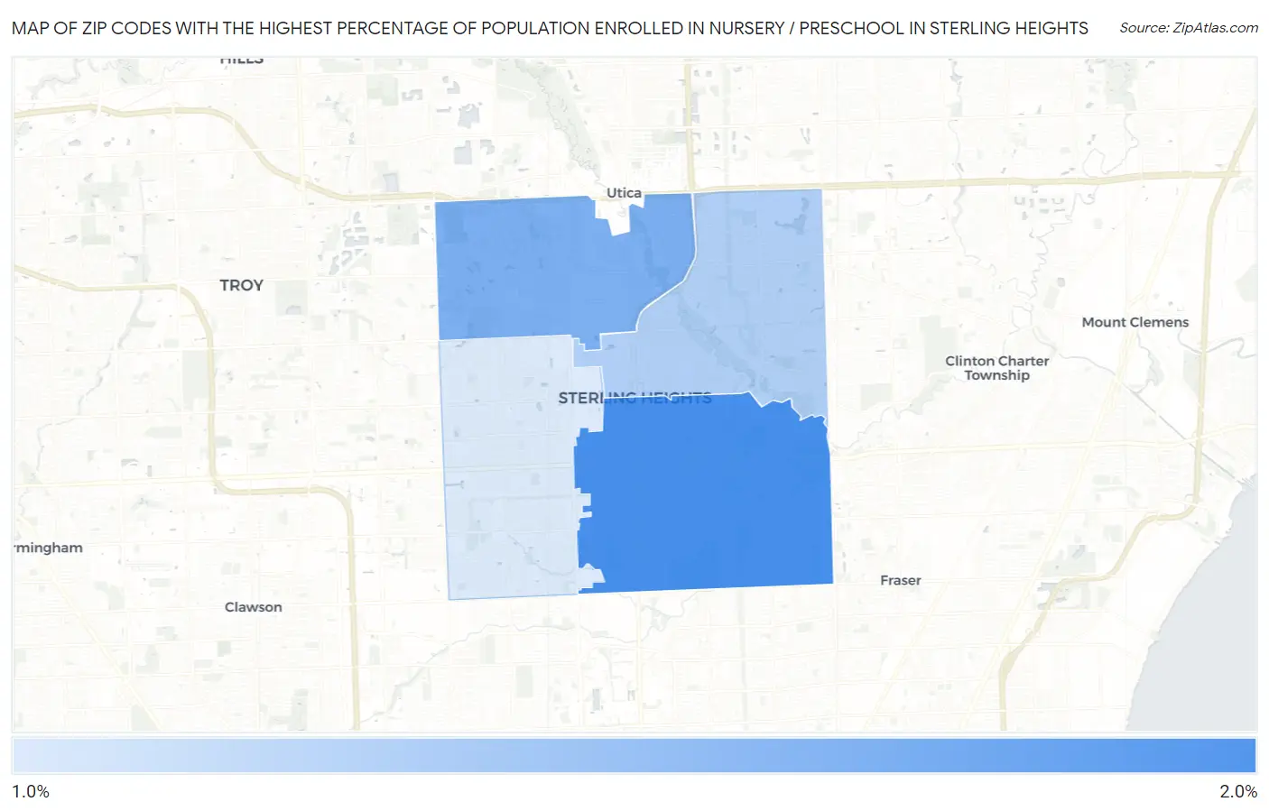 Zip Codes with the Highest Percentage of Population Enrolled in Nursery / Preschool in Sterling Heights Map