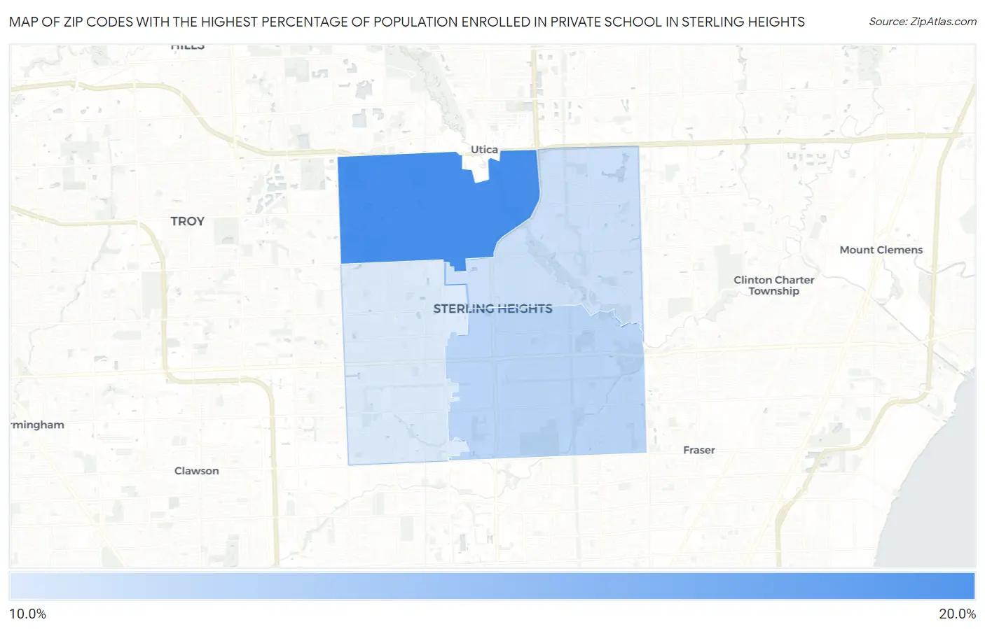 Zip Codes with the Highest Percentage of Population Enrolled in Private School in Sterling Heights Map