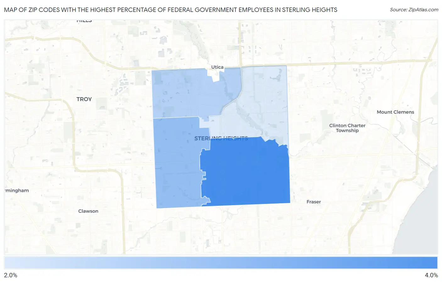 Zip Codes with the Highest Percentage of Federal Government Employees in Sterling Heights Map