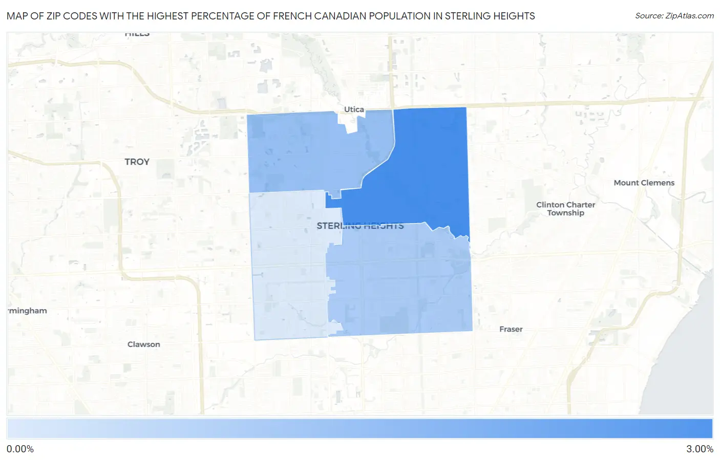 Zip Codes with the Highest Percentage of French Canadian Population in Sterling Heights Map