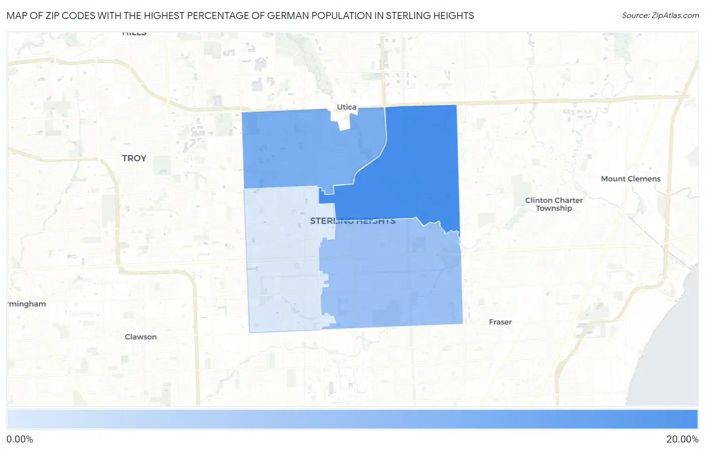 Zip Codes with the Highest Percentage of German Population in Sterling Heights Map