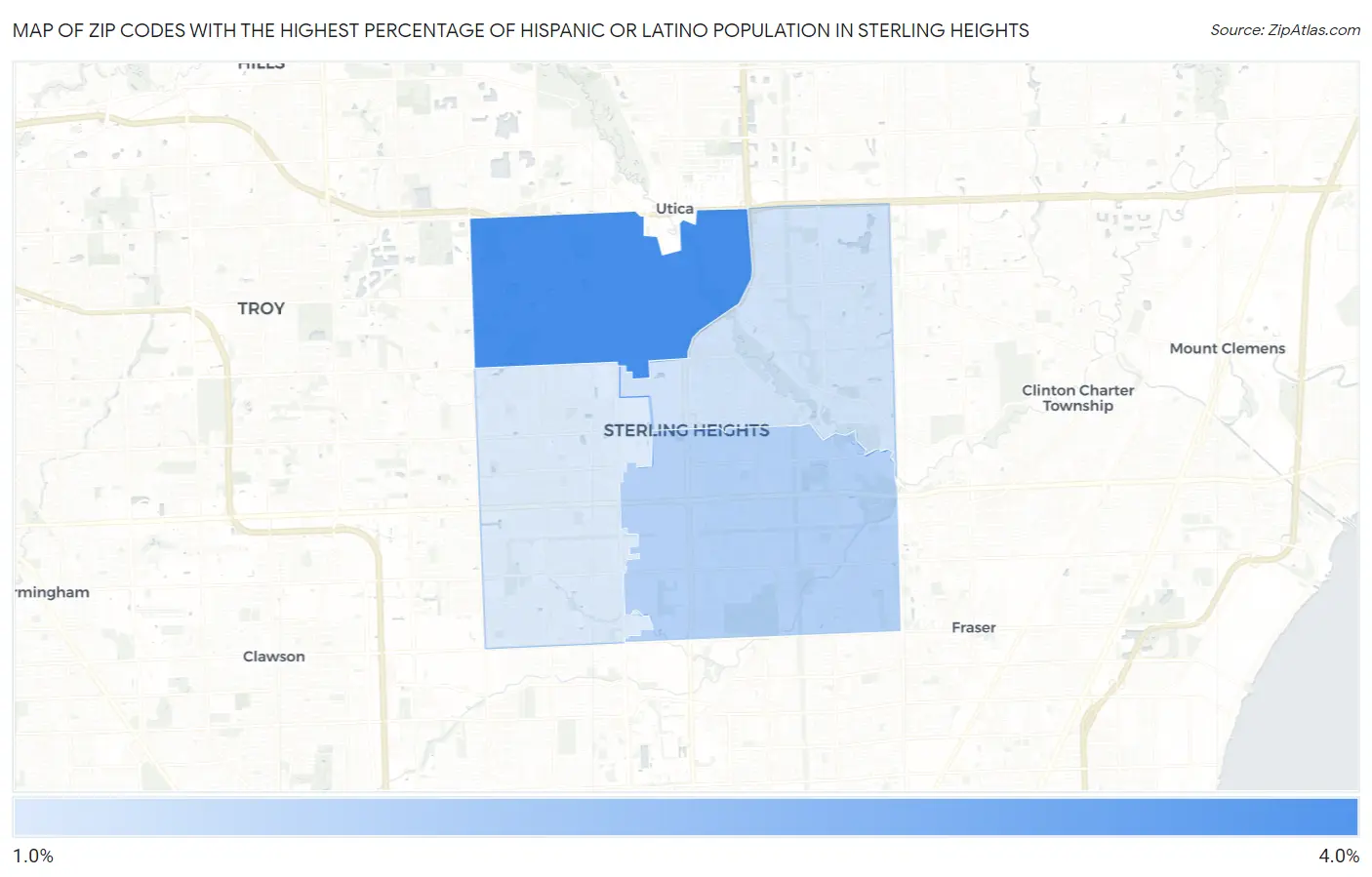 Zip Codes with the Highest Percentage of Hispanic or Latino Population in Sterling Heights Map