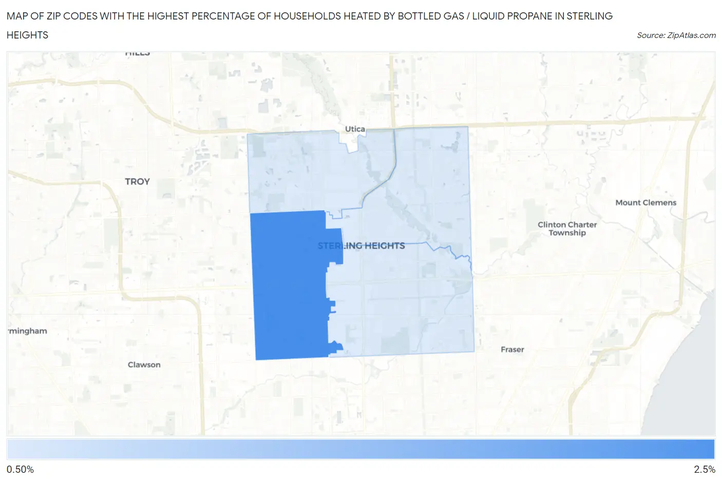 Zip Codes with the Highest Percentage of Households Heated by Bottled Gas / Liquid Propane in Sterling Heights Map