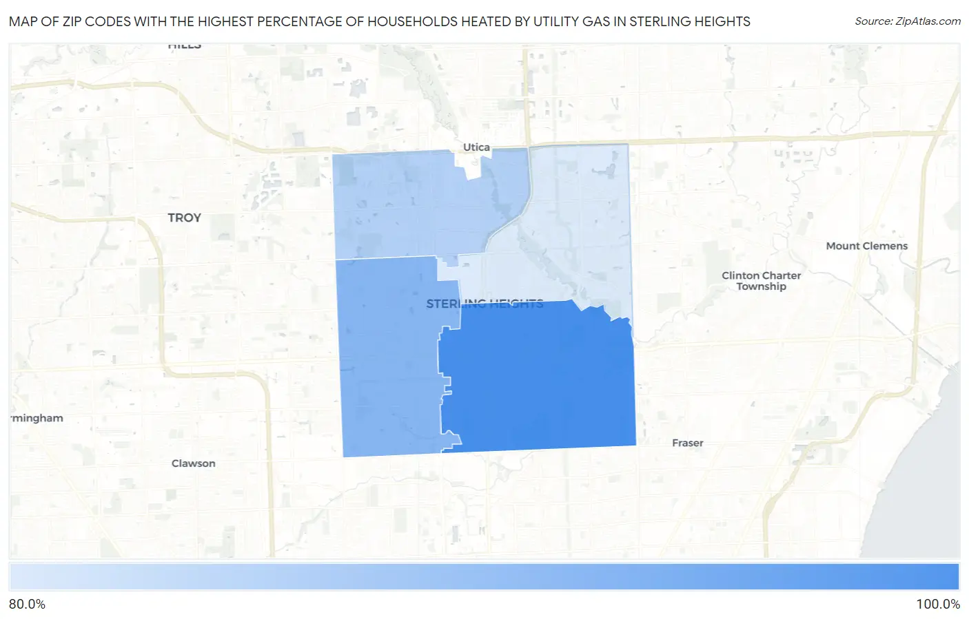Zip Codes with the Highest Percentage of Households Heated by Utility Gas in Sterling Heights Map