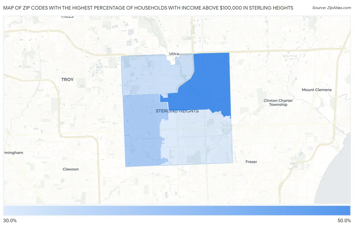 Zip Codes with the Highest Percentage of Households with Income Above $100,000 in Sterling Heights Map