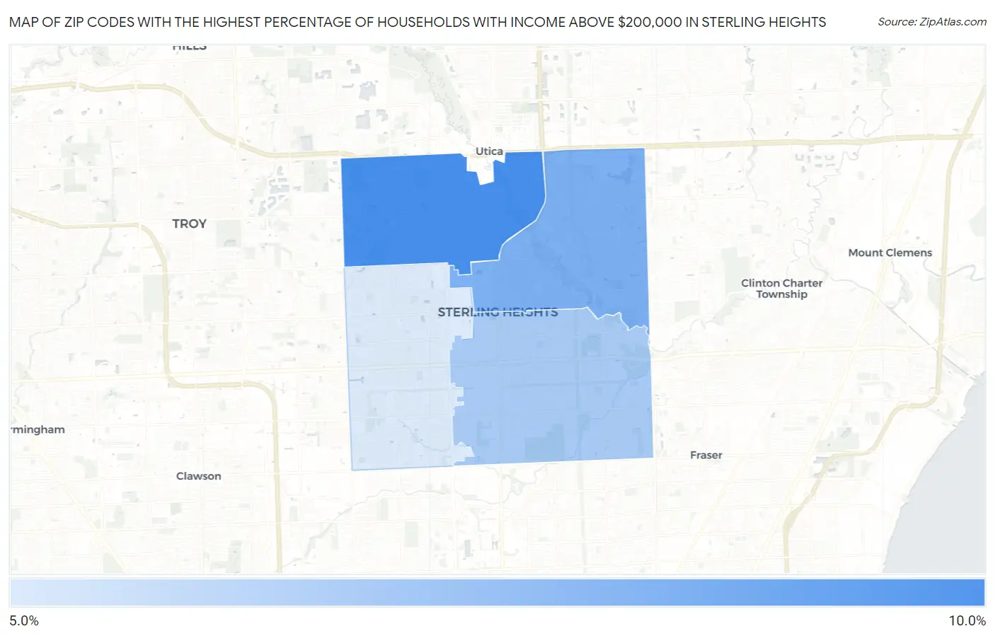 Zip Codes with the Highest Percentage of Households with Income Above $200,000 in Sterling Heights Map