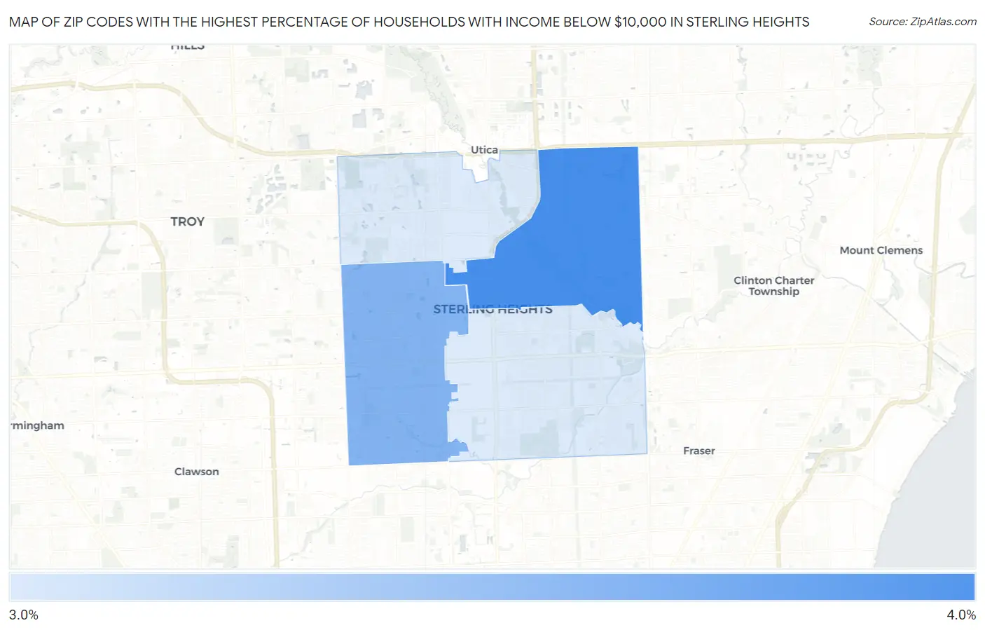 Zip Codes with the Highest Percentage of Households with Income Below $10,000 in Sterling Heights Map