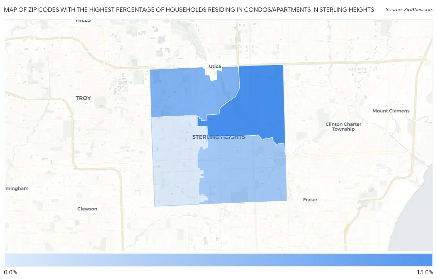Zip Codes with the Highest Percentage of Households Residing in Condos/Apartments in Sterling Heights Map