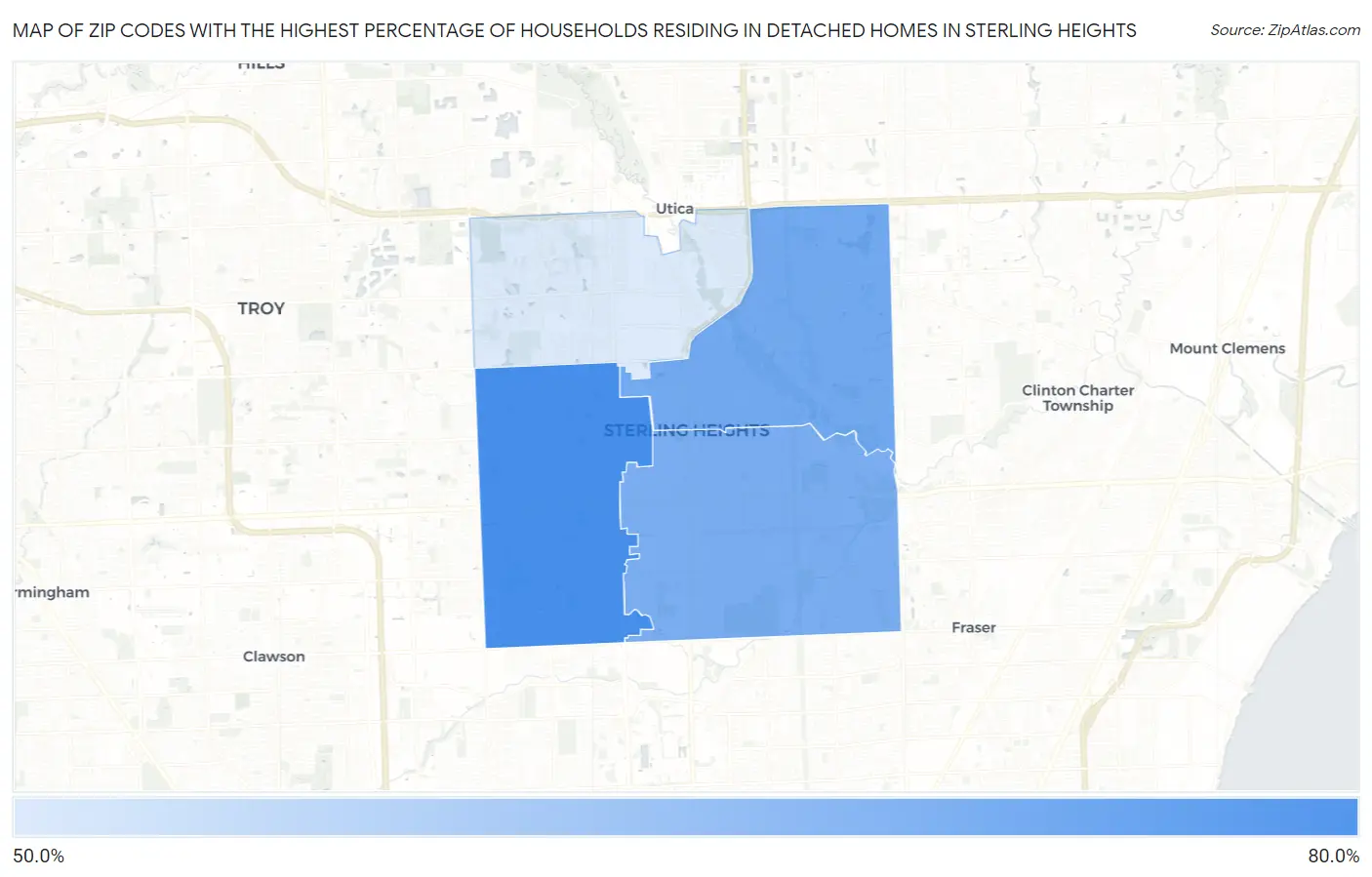 Zip Codes with the Highest Percentage of Households Residing in Detached Homes in Sterling Heights Map