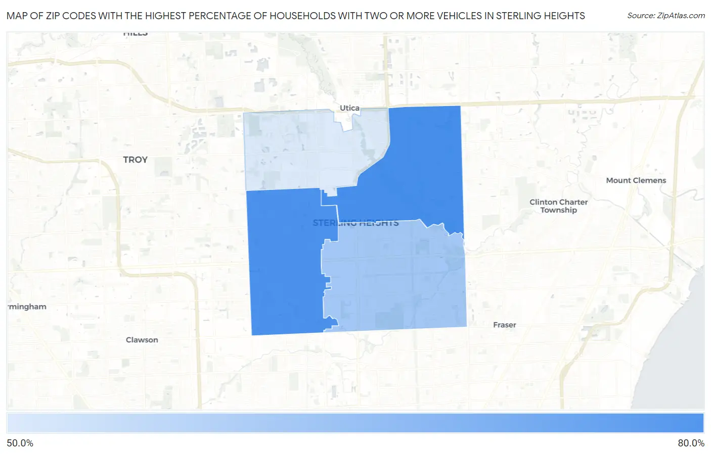 Zip Codes with the Highest Percentage of Households With Two or more Vehicles in Sterling Heights Map