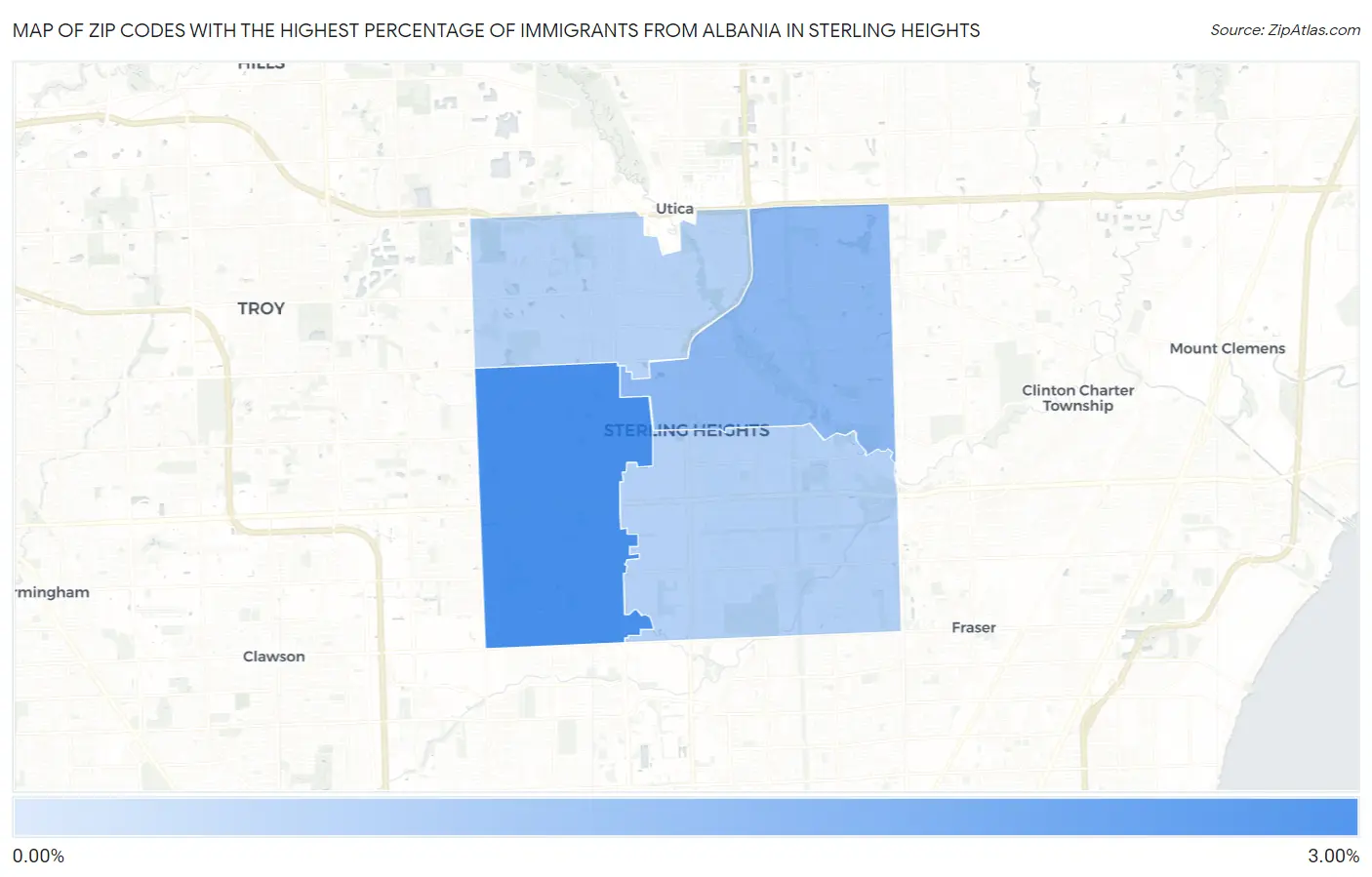 Zip Codes with the Highest Percentage of Immigrants from Albania in Sterling Heights Map