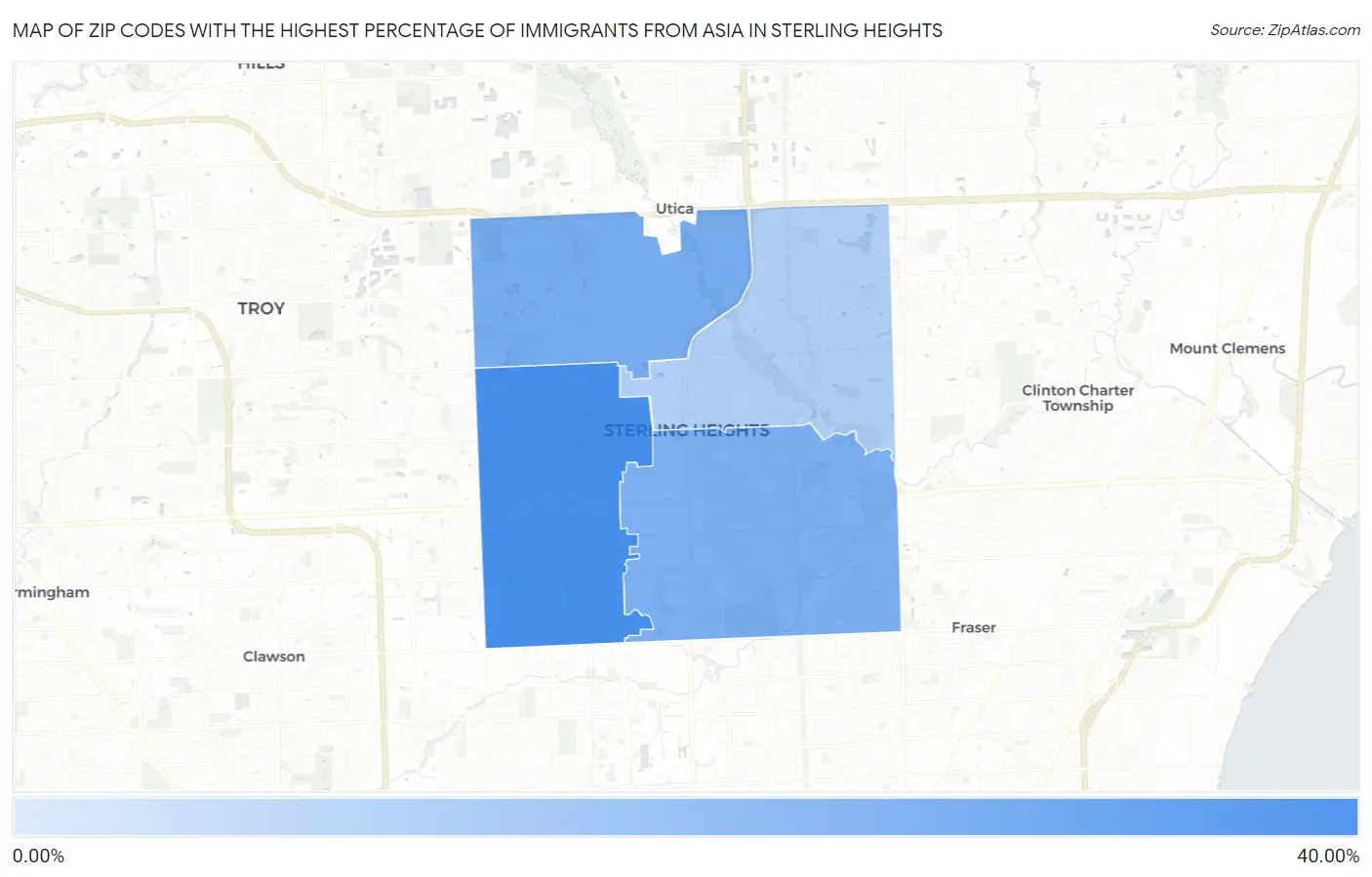 Zip Codes with the Highest Percentage of Immigrants from Asia in Sterling Heights Map
