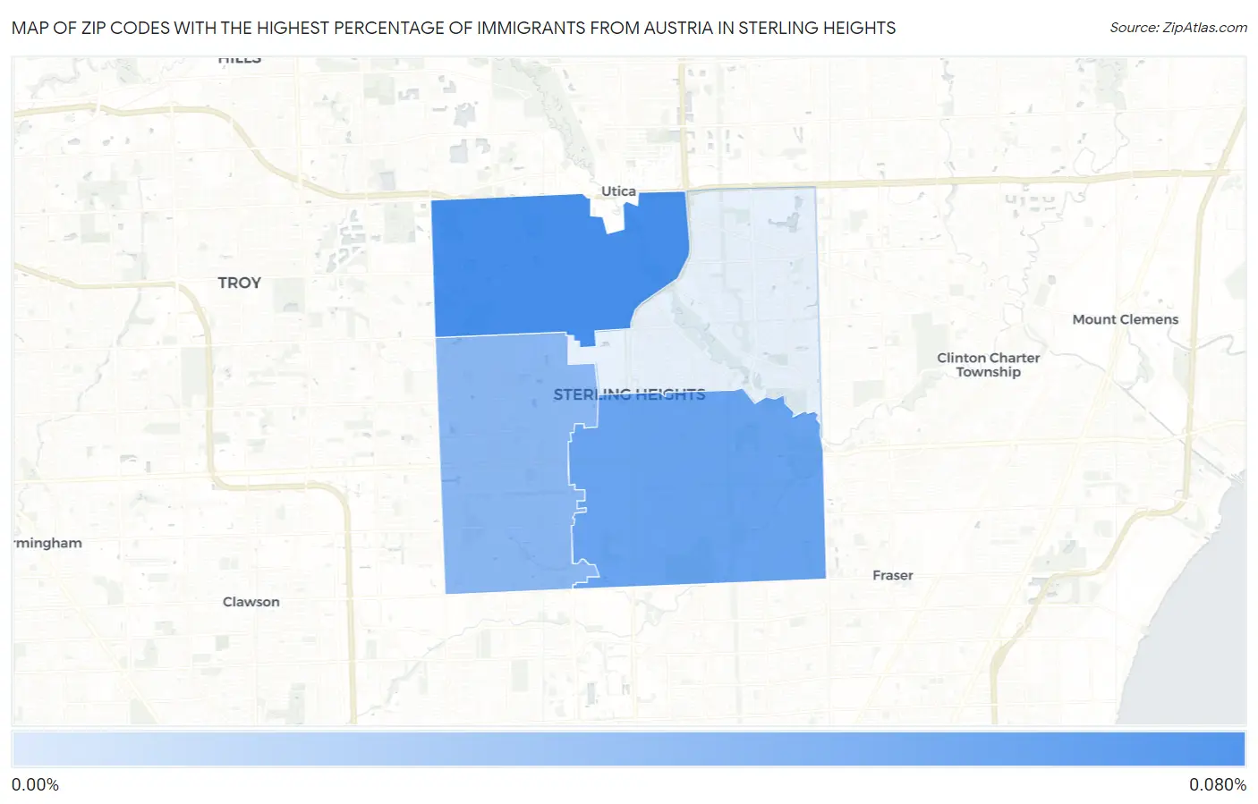 Zip Codes with the Highest Percentage of Immigrants from Austria in Sterling Heights Map