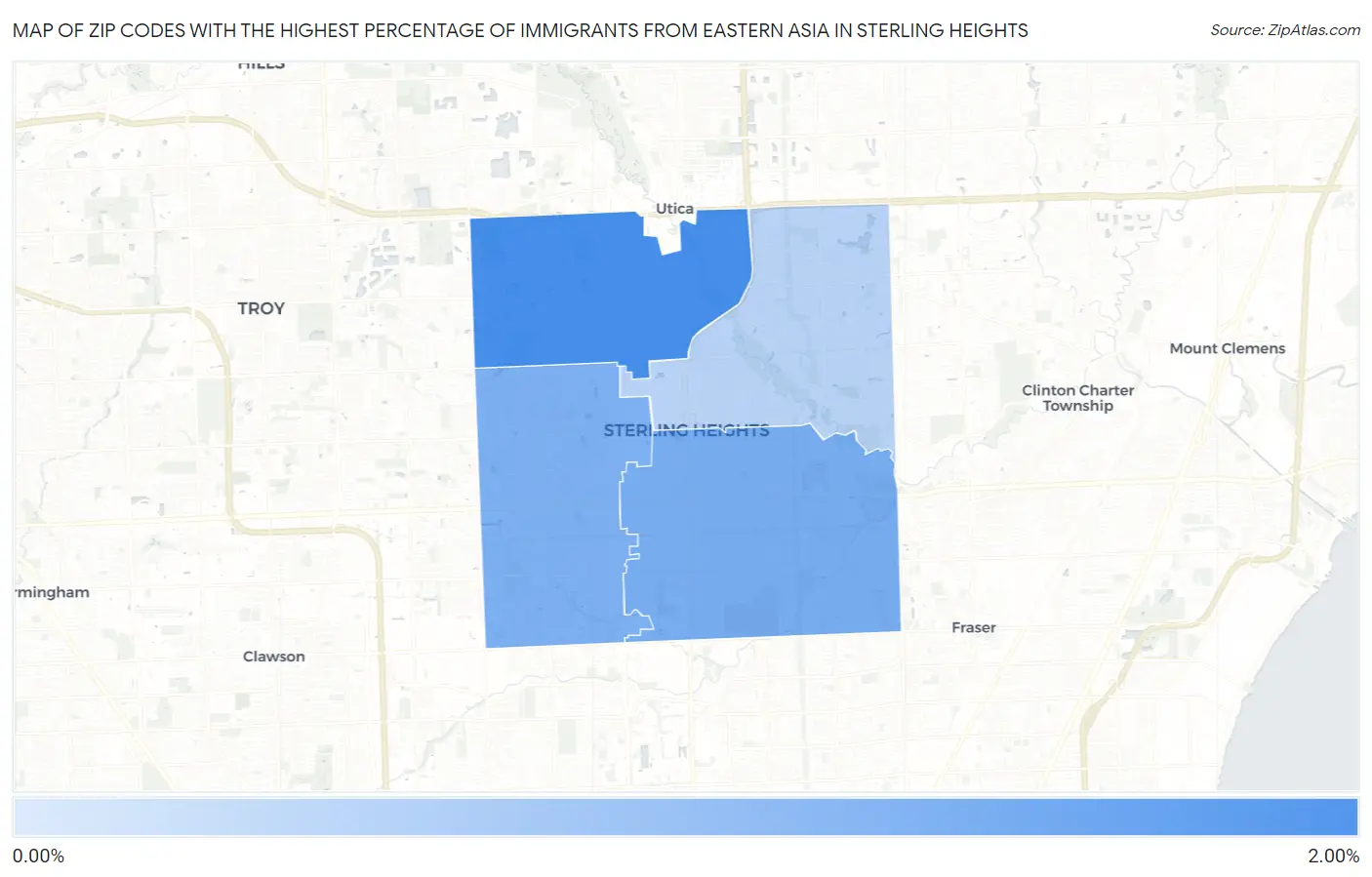 Zip Codes with the Highest Percentage of Immigrants from Eastern Asia in Sterling Heights Map