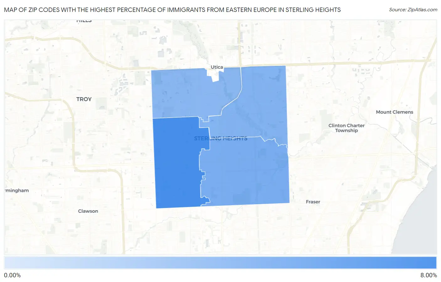 Zip Codes with the Highest Percentage of Immigrants from Eastern Europe in Sterling Heights Map