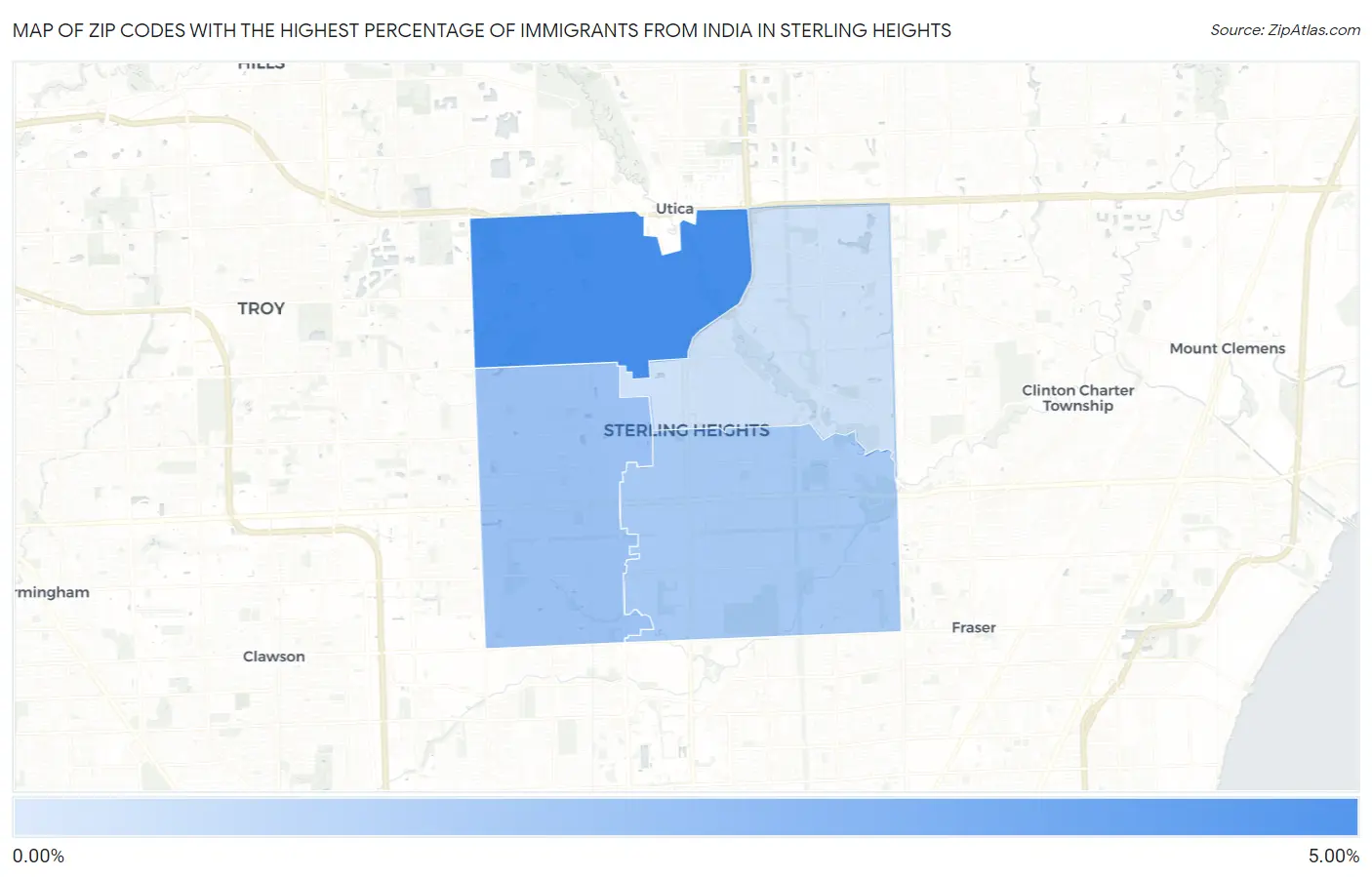 Zip Codes with the Highest Percentage of Immigrants from India in Sterling Heights Map