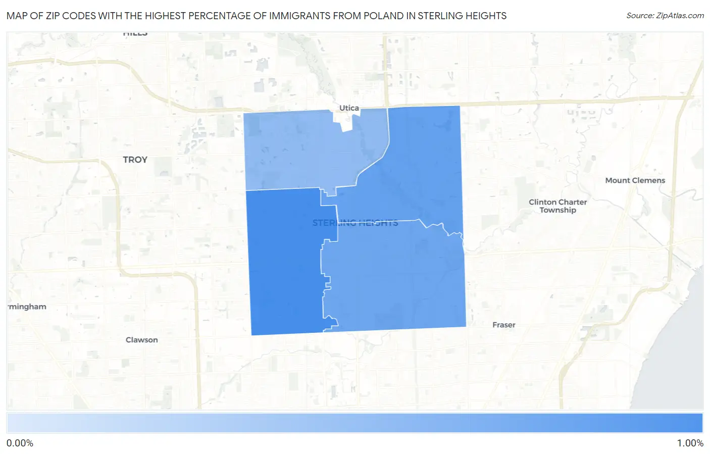 Zip Codes with the Highest Percentage of Immigrants from Poland in Sterling Heights Map