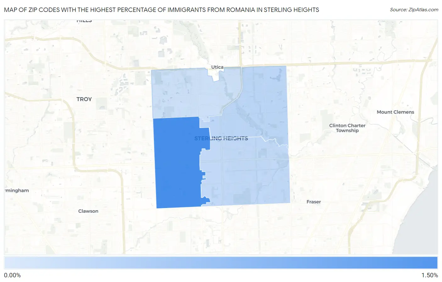 Zip Codes with the Highest Percentage of Immigrants from Romania in Sterling Heights Map