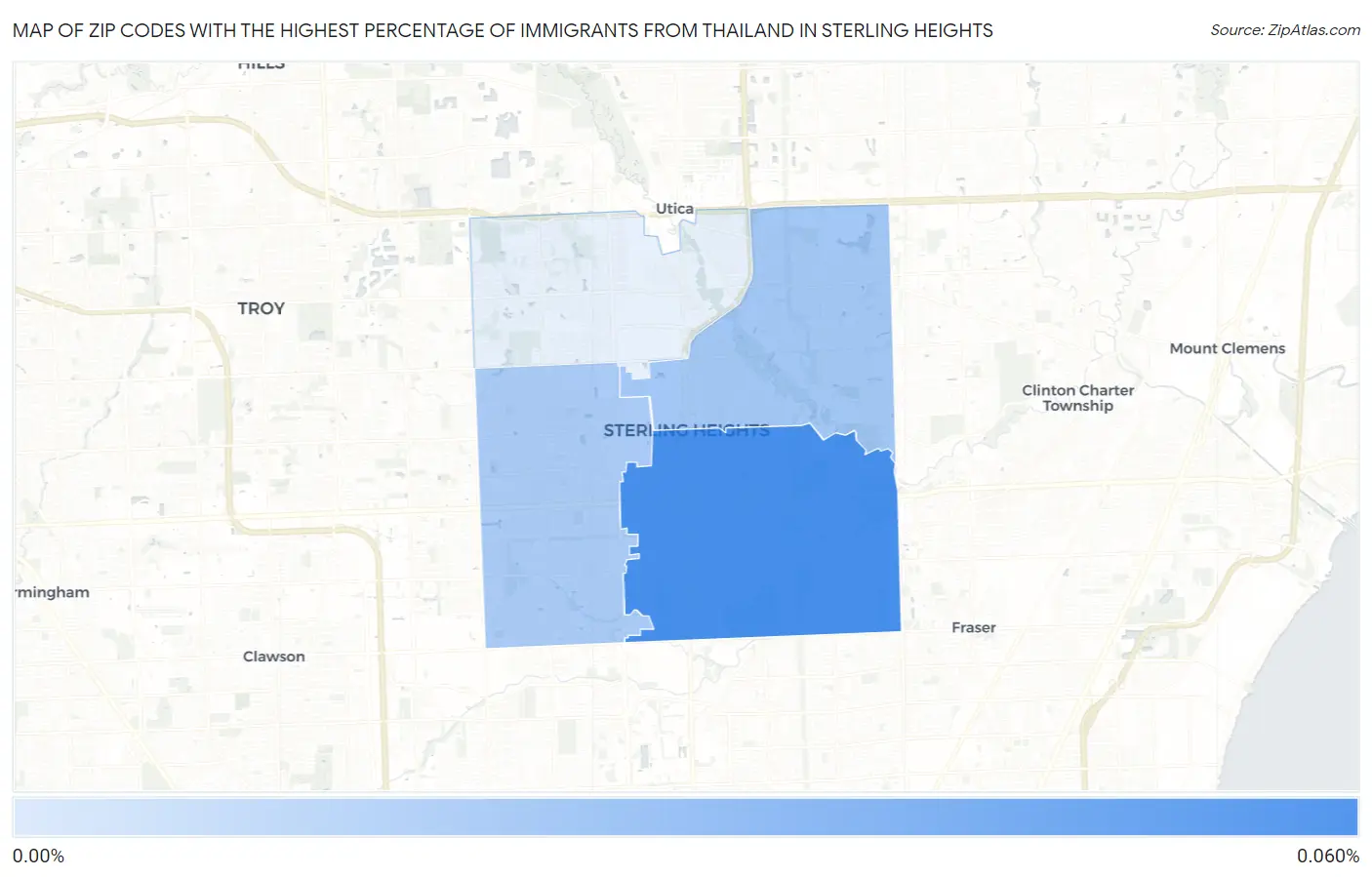 Zip Codes with the Highest Percentage of Immigrants from Thailand in Sterling Heights Map