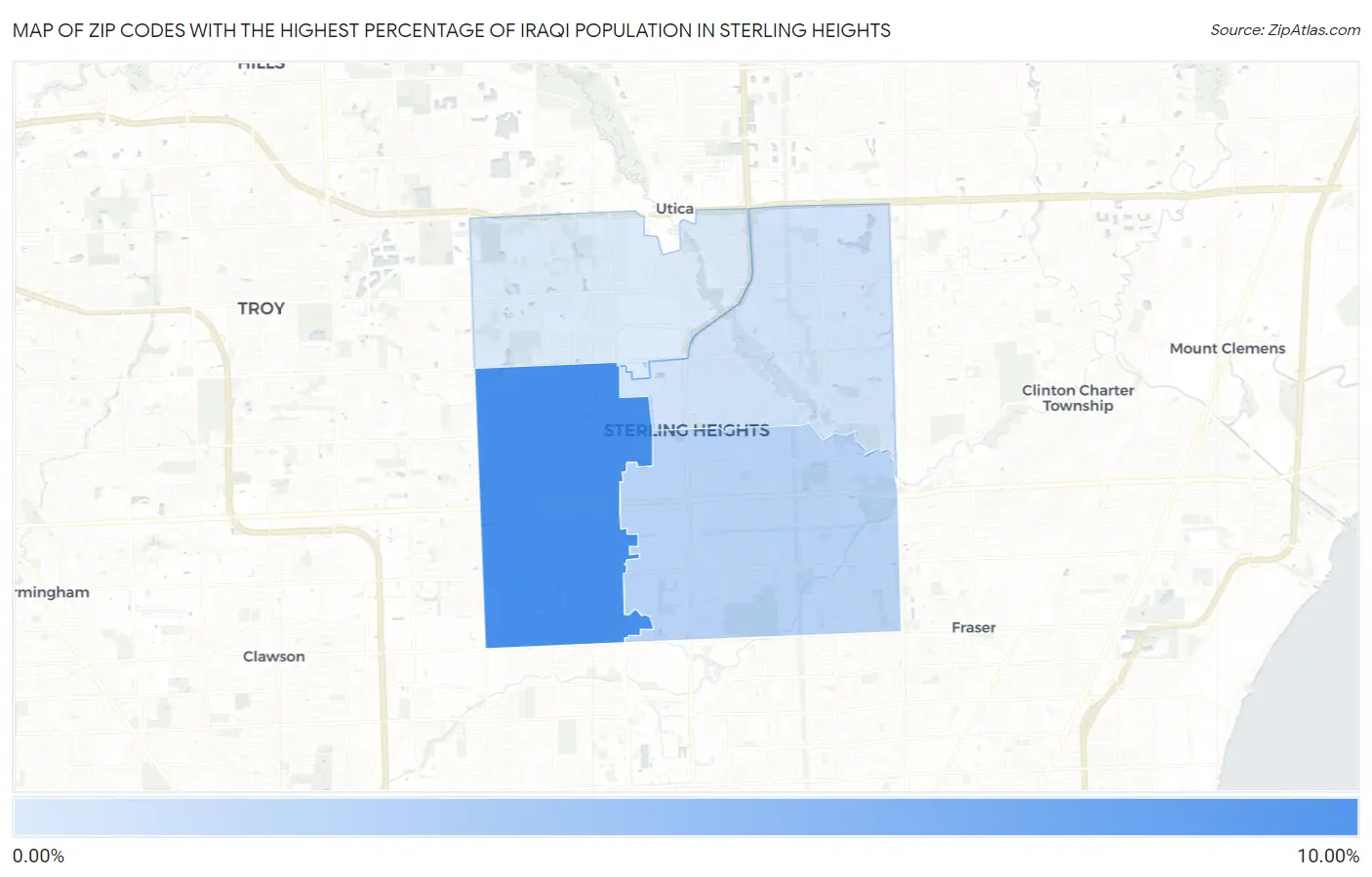 Zip Codes with the Highest Percentage of Iraqi Population in Sterling Heights Map
