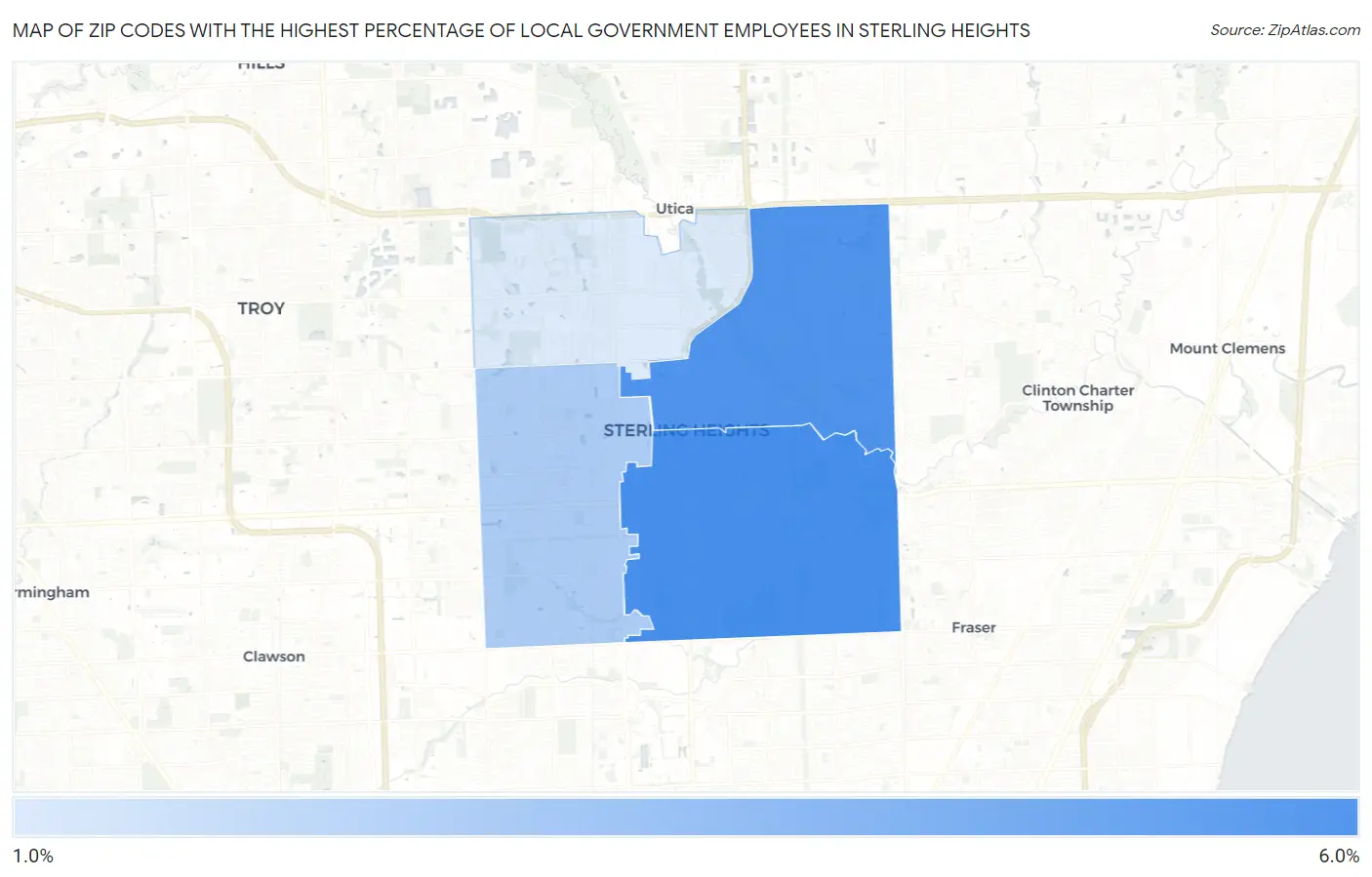 Zip Codes with the Highest Percentage of Local Government Employees in Sterling Heights Map