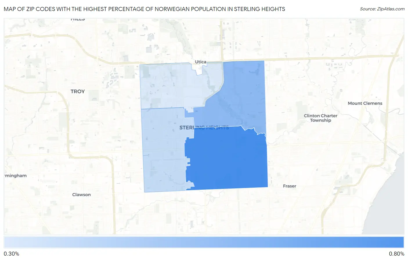 Zip Codes with the Highest Percentage of Norwegian Population in Sterling Heights Map