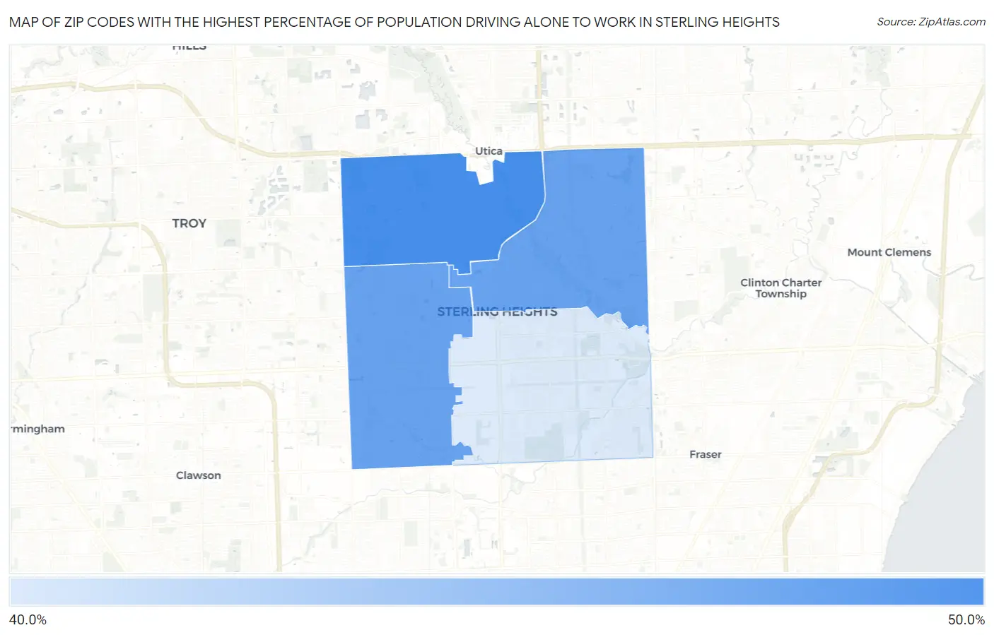 Zip Codes with the Highest Percentage of Population Driving Alone to Work in Sterling Heights Map