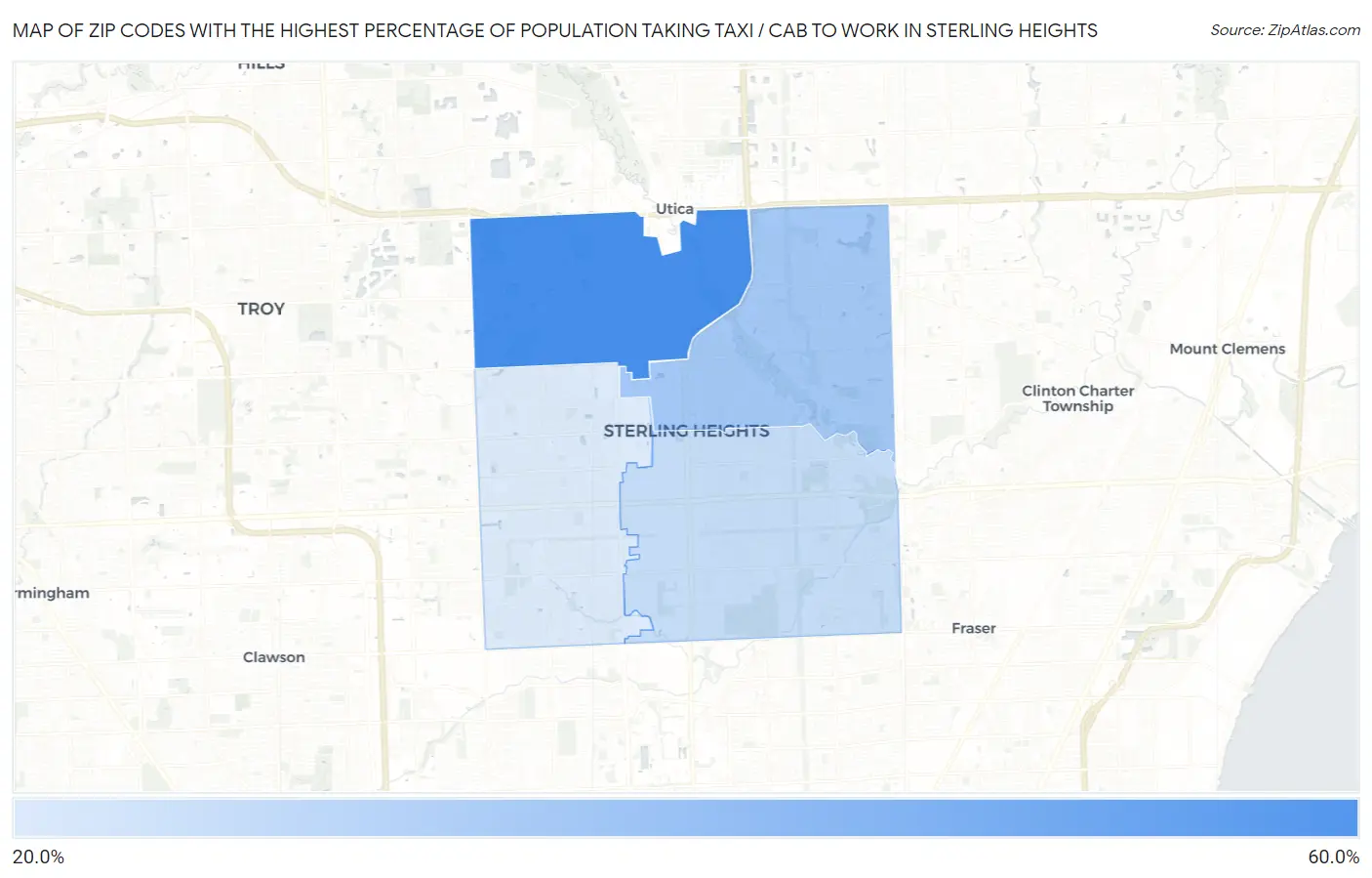 Zip Codes with the Highest Percentage of Population Taking Taxi / Cab to Work in Sterling Heights Map