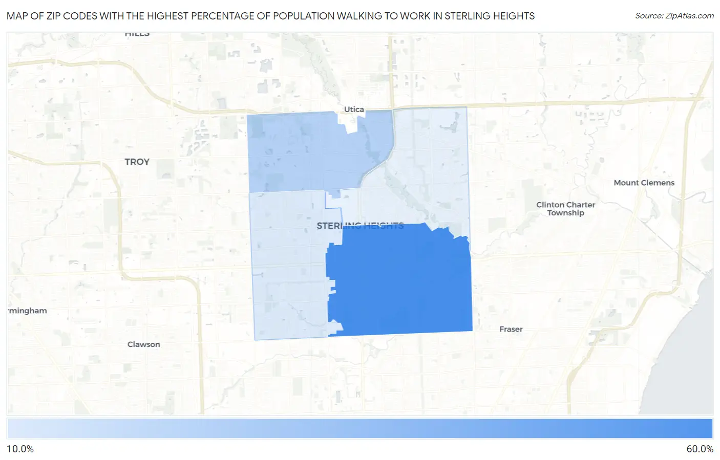 Zip Codes with the Highest Percentage of Population Walking to Work in Sterling Heights Map