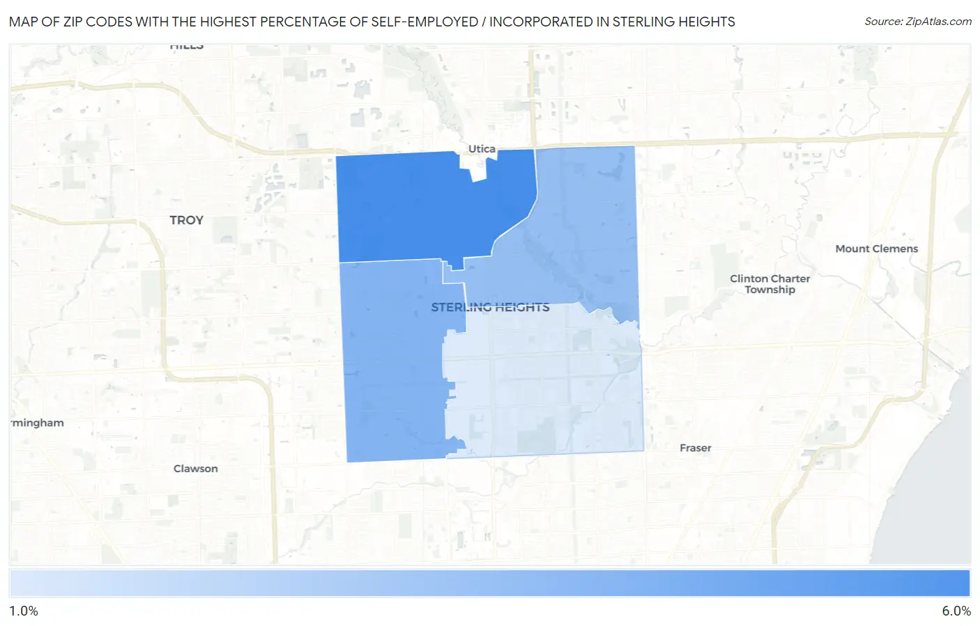 Zip Codes with the Highest Percentage of Self-Employed / Incorporated in Sterling Heights Map